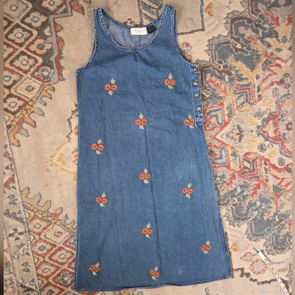 Vintage Denim Petite Sophisticates Embroidered Floral Dress Jumper Overall Y2k - Picture 2 of 9